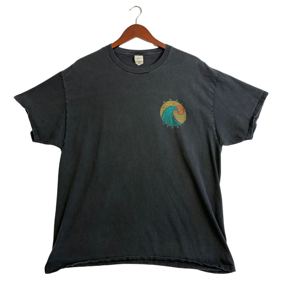Hanes Maui Hawaii Wave Graphic T-Shirt Men’s XL Black Faded Beach Surf Tee